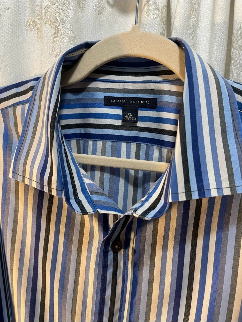 Banana Republic Blue, White and Navy Vertical Stripe Dress Shirt